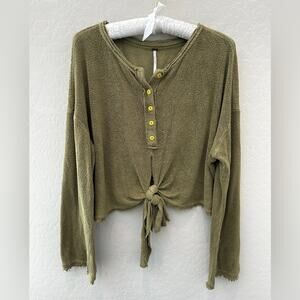 FREE PEOPLE | Olive Green Tie Front Thermal Henley Top Long Sleeve | Size Large